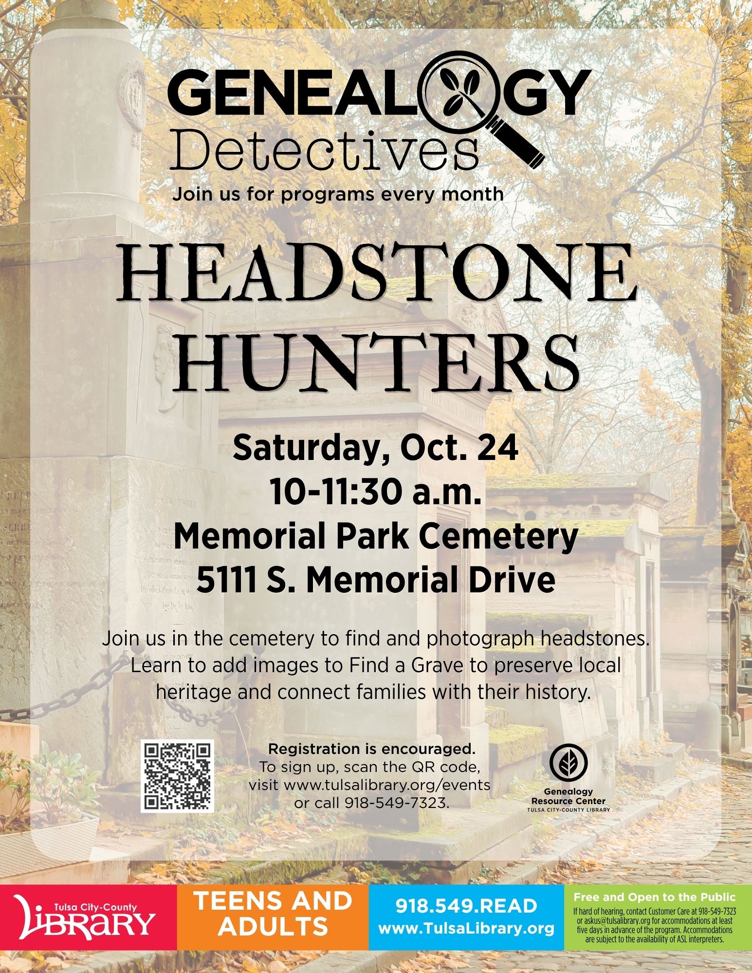 Genealogy Detectives Program Saturday Oct 24th @ 10am at the Memorial Park Cemetery 5111 S. Memorial Drive Tulsa, Oklahoma