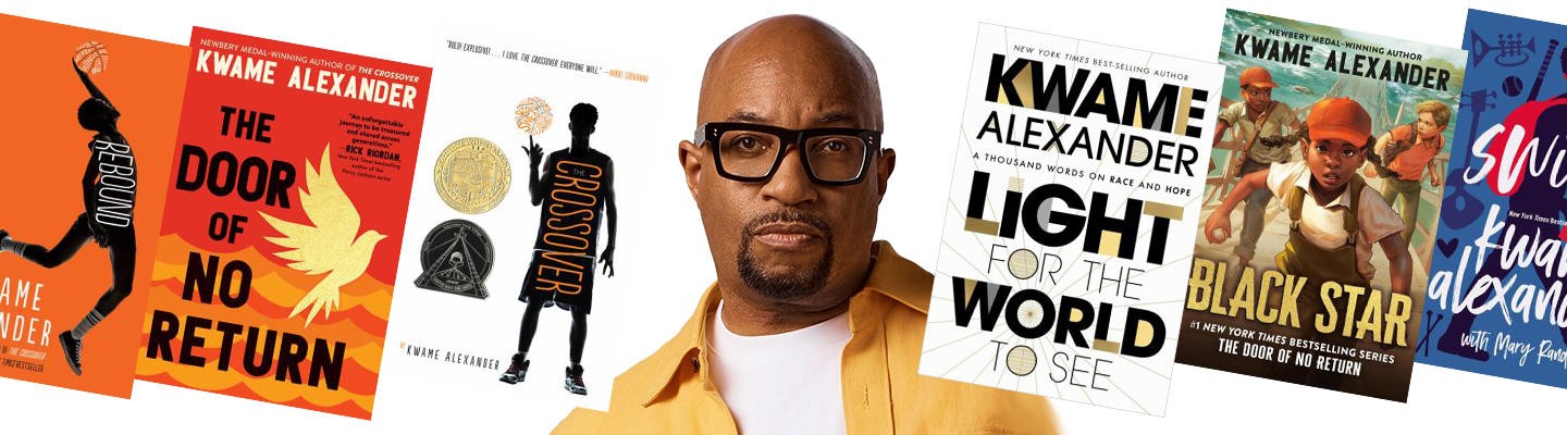 Photograph of Kwame Alexander; covers of his books