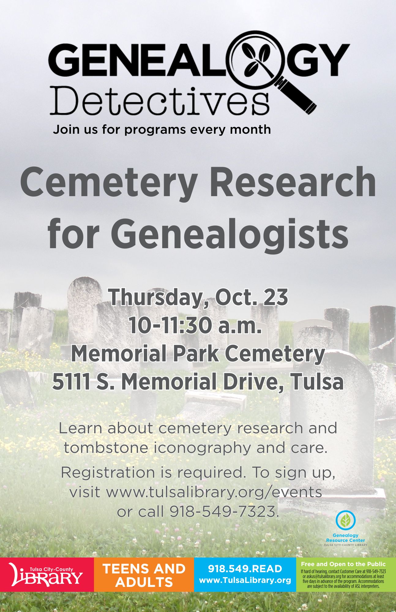 Cemetery Research for Genealogists, Thursday, October 23rd at 11am at the Memorial Park Cemetery on 51st and Memorial