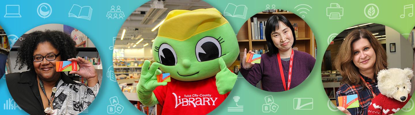 Buddy Bookworm and people holding library cards